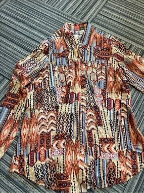 Roper Multicolor Aztec Print Western Button-Up - Tan, Rust, Blue